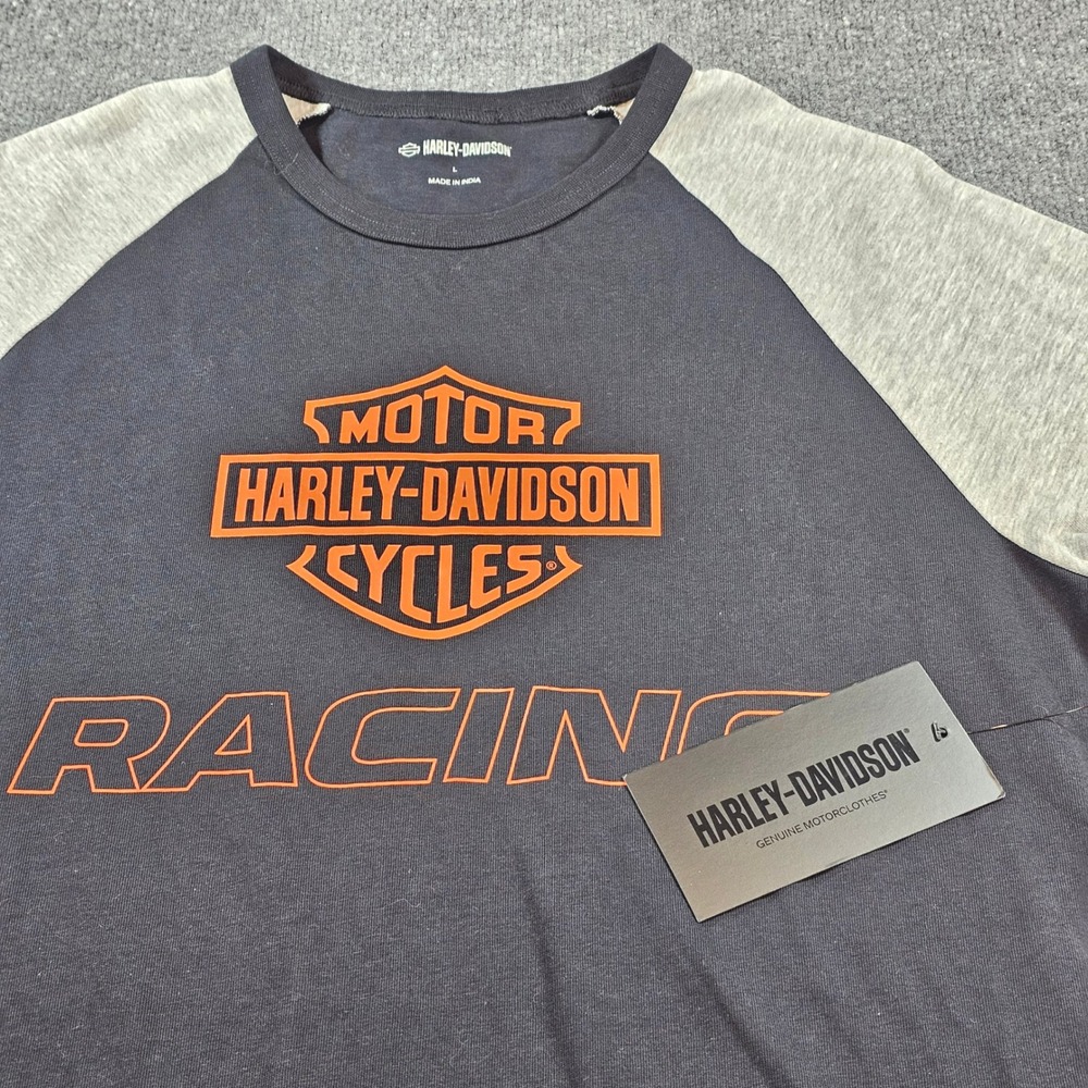 Harley-Davidson Mens L Black Racing Raglan Tee 96046-24VM Motorcycling Shirt